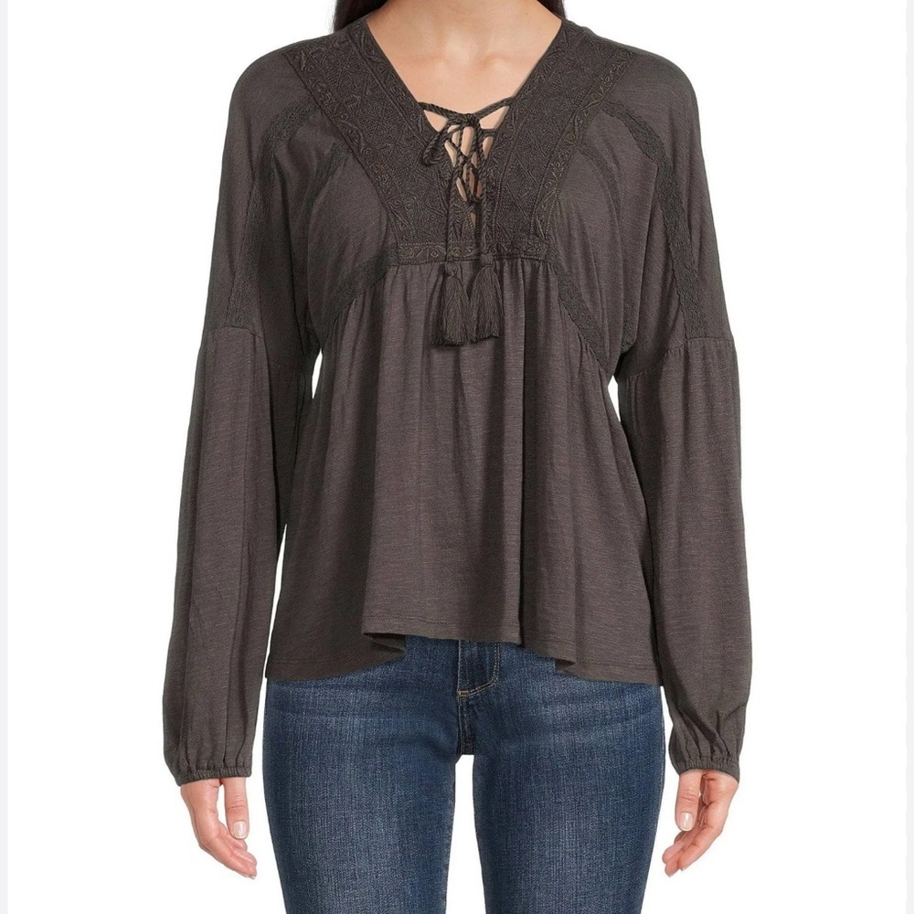Lucky Brand Peasant Top Tassel Tie Lace Trim Elastic Cuffs Babydoll